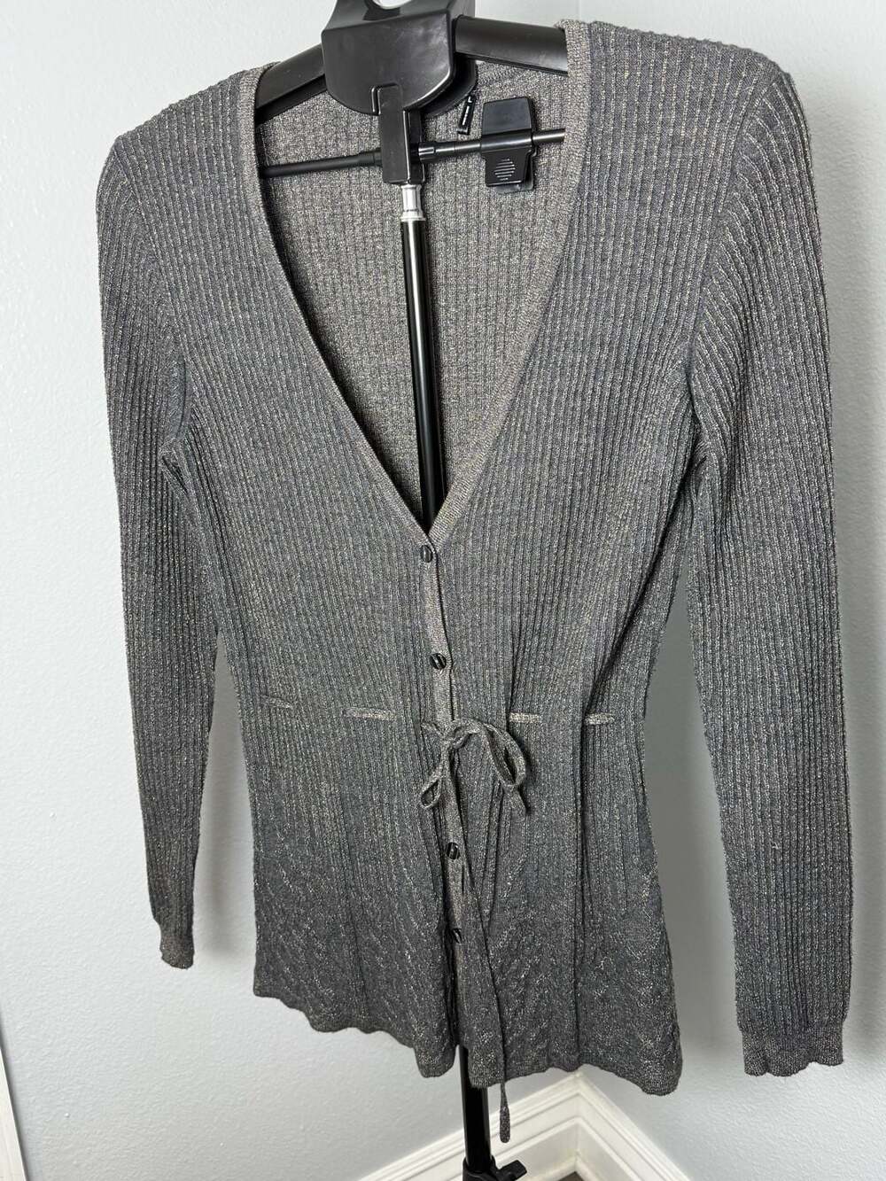 Daisy Fuentes Cardigan Size L Gray Metallic Knit Button Front Sweater